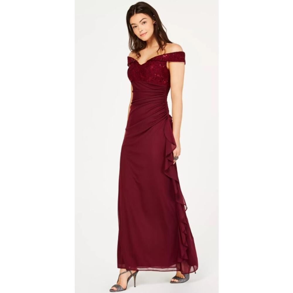 NWT Betsy & Adam burgundy lace ruffled off shoulder maxi dress gown 8P 10P